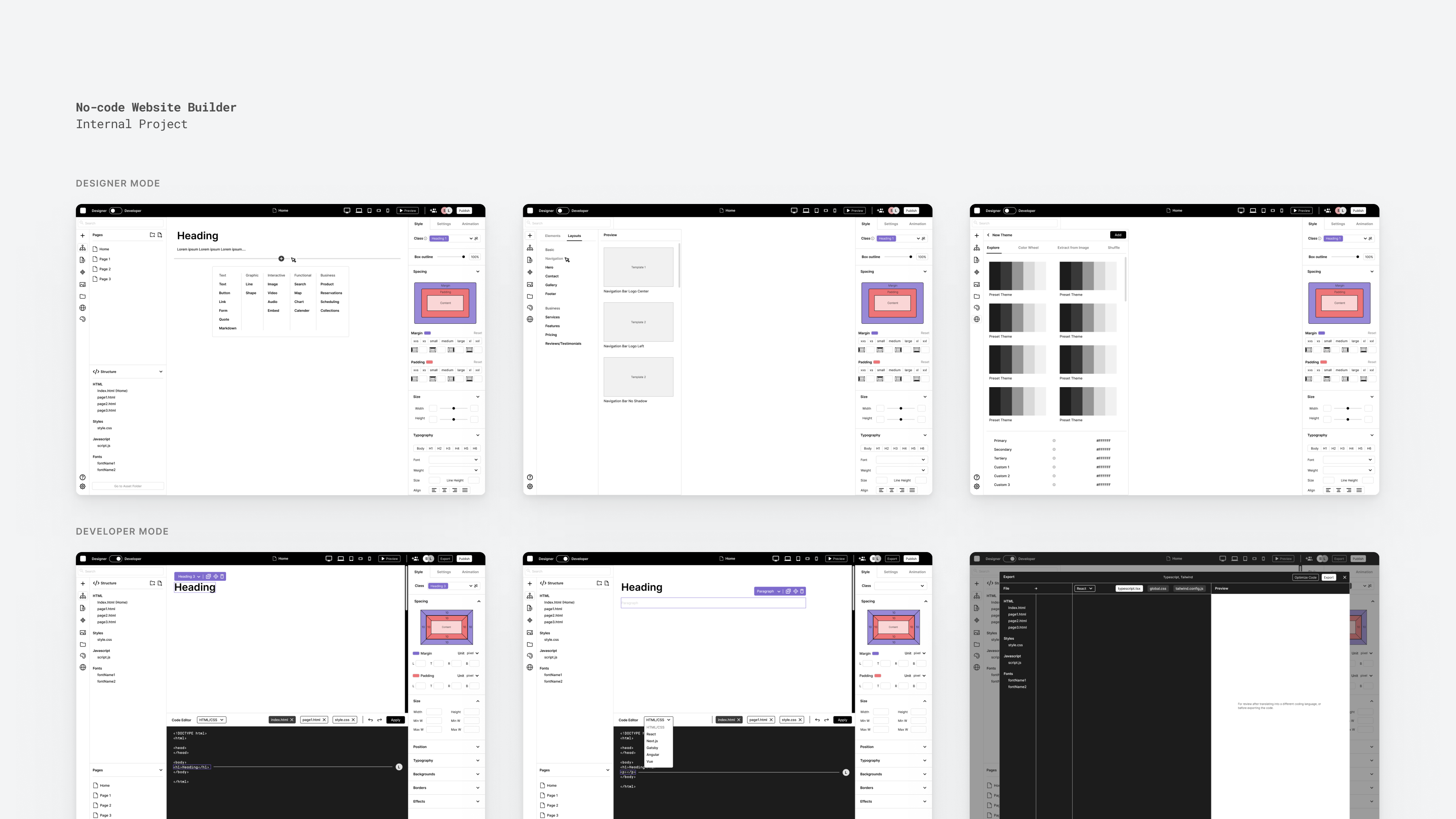 High-fidelity designs of a no-code website builder. Displays designer and developer modes with visual and code-based editing interfaces.