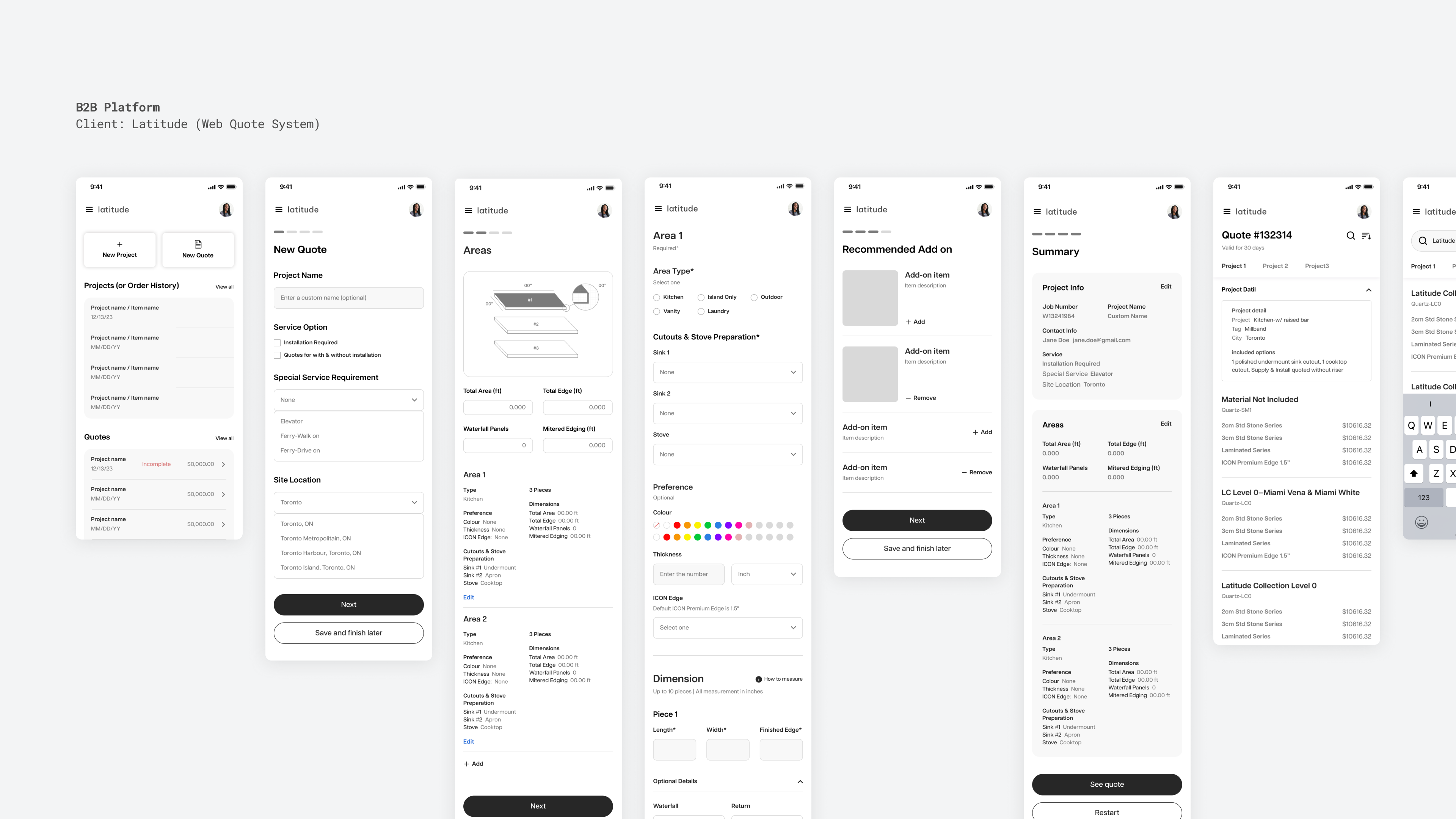 Mobile wireframes of a web quoting system for a B2B platform. Displays project setup, quote generation, area selection, add-ons, and summary review flows.