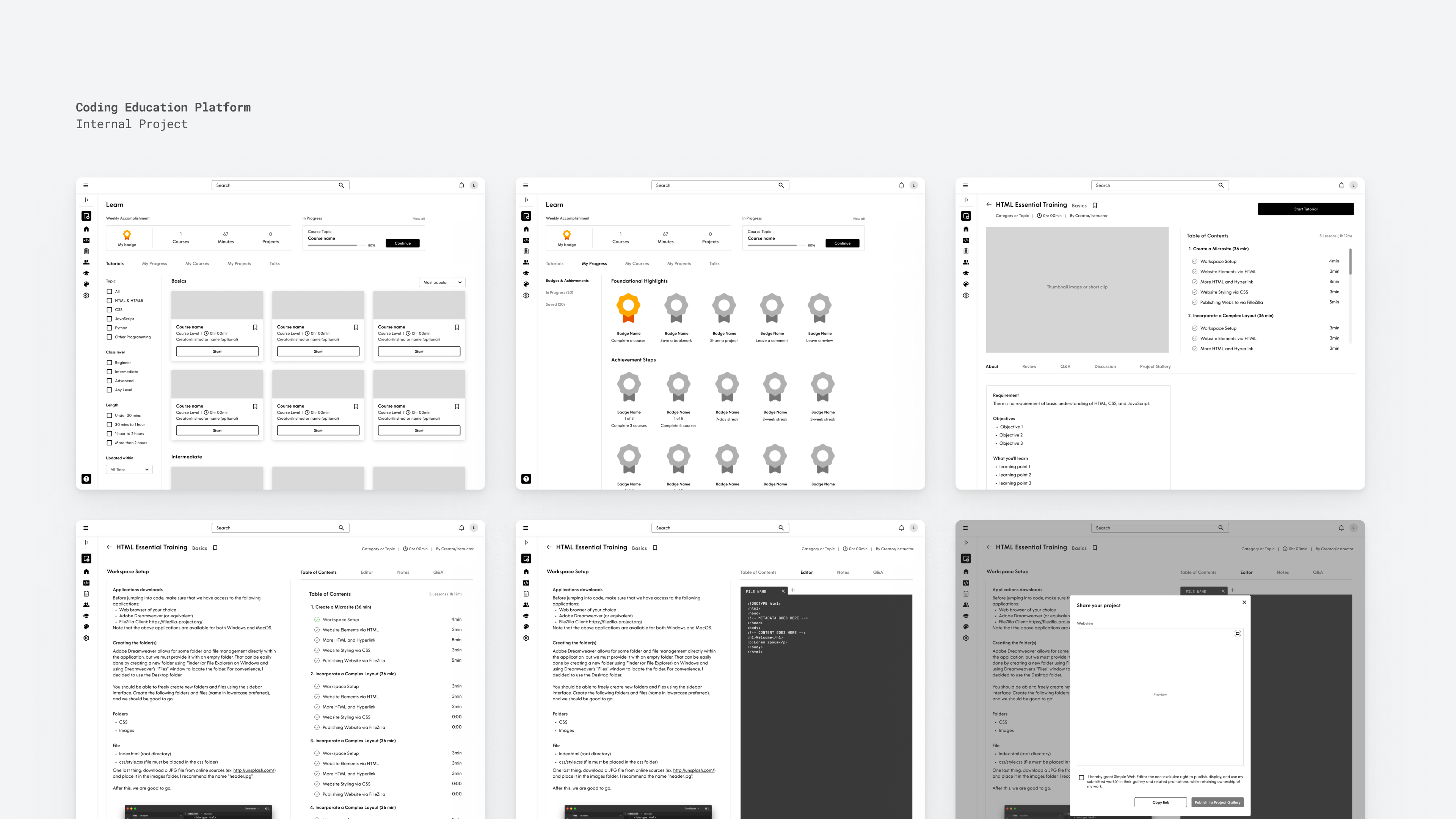 Interface designs for a coding education platform. Includes course dashboard, badge progress tracking, code editor views, and lesson modules.