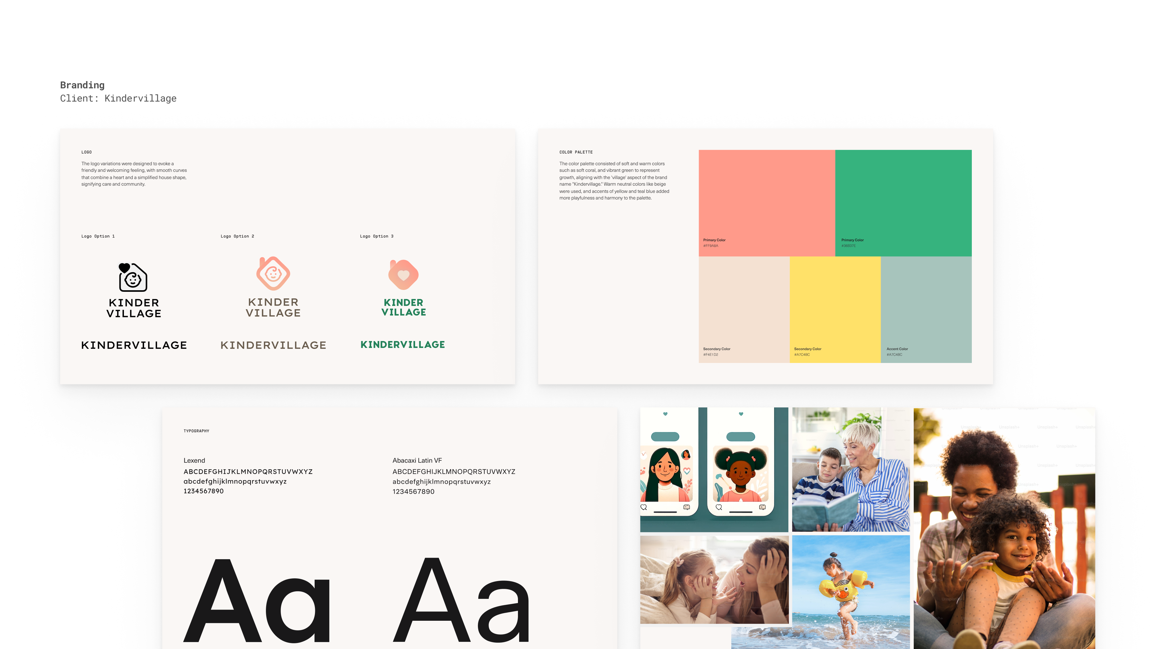 Brand identity system for Kindervillage, a family-oriented community brand. Showcases logo variations with friendly rounded forms, a warm and balanced color palette, typography exploration, and lifestyle imagery highlighting care, creativity, and togetherness.