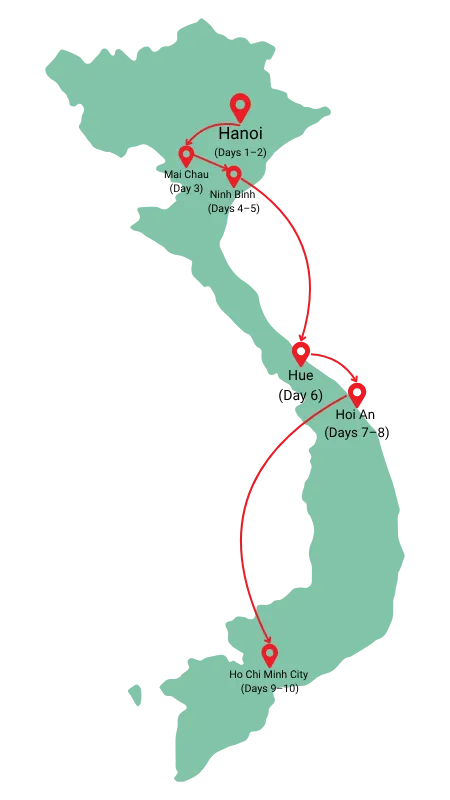 This is an image of a map that shows the progression of the tour from the first day to the last one.