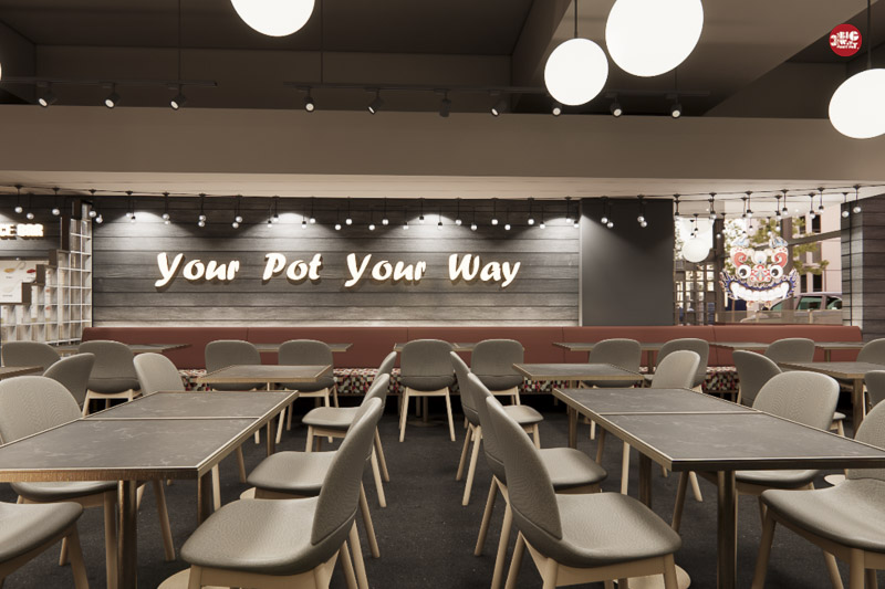 Rendering photo of the interior of a modern restaurant with empty tables and chairs, featuring a wooden wall with illuminated text 'Your Pot Your Way'.