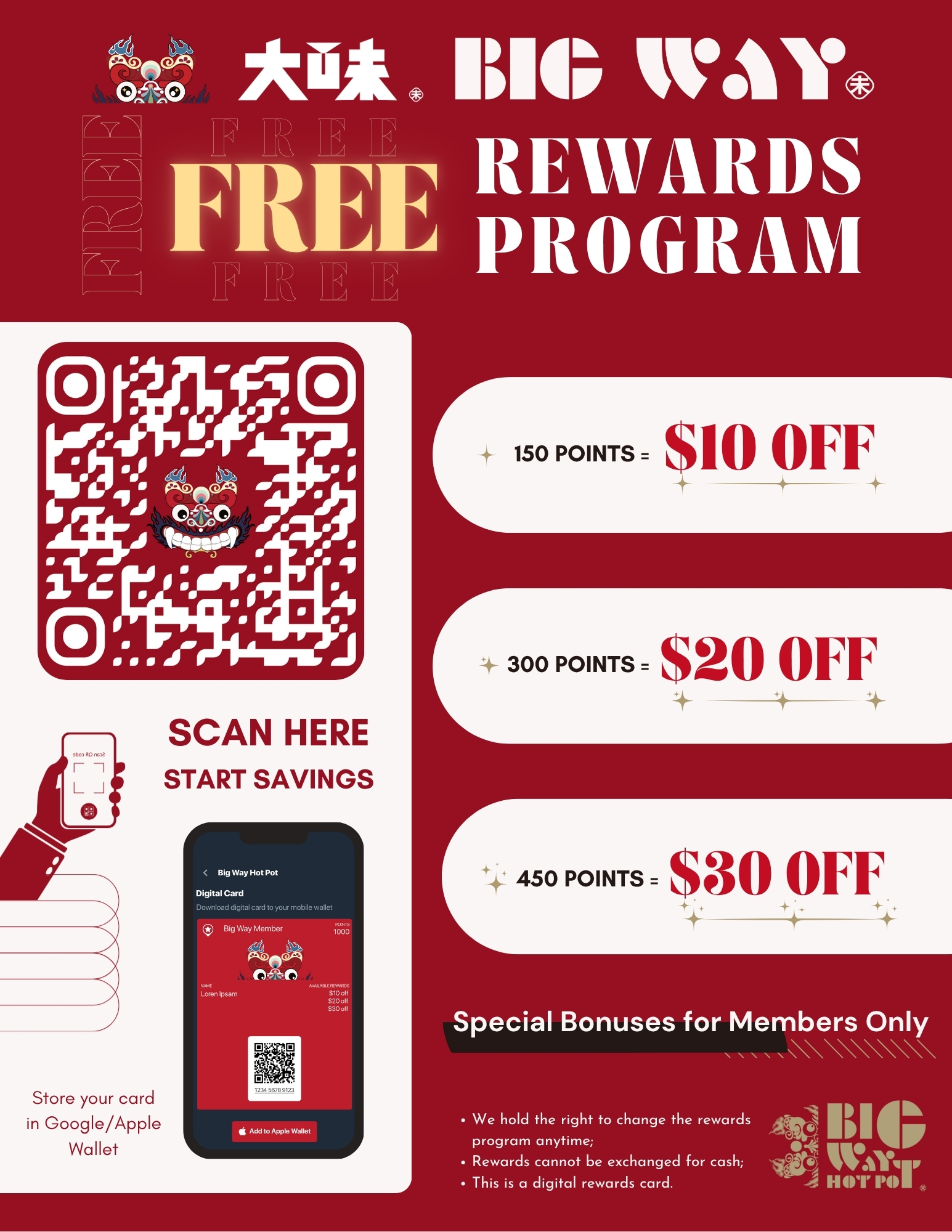 Red and white promotional flyer for "Big Way Hot Pot" rewards program. Features a QR code and offers ranging from $10 to $30 off based on points. Welcoming tone.