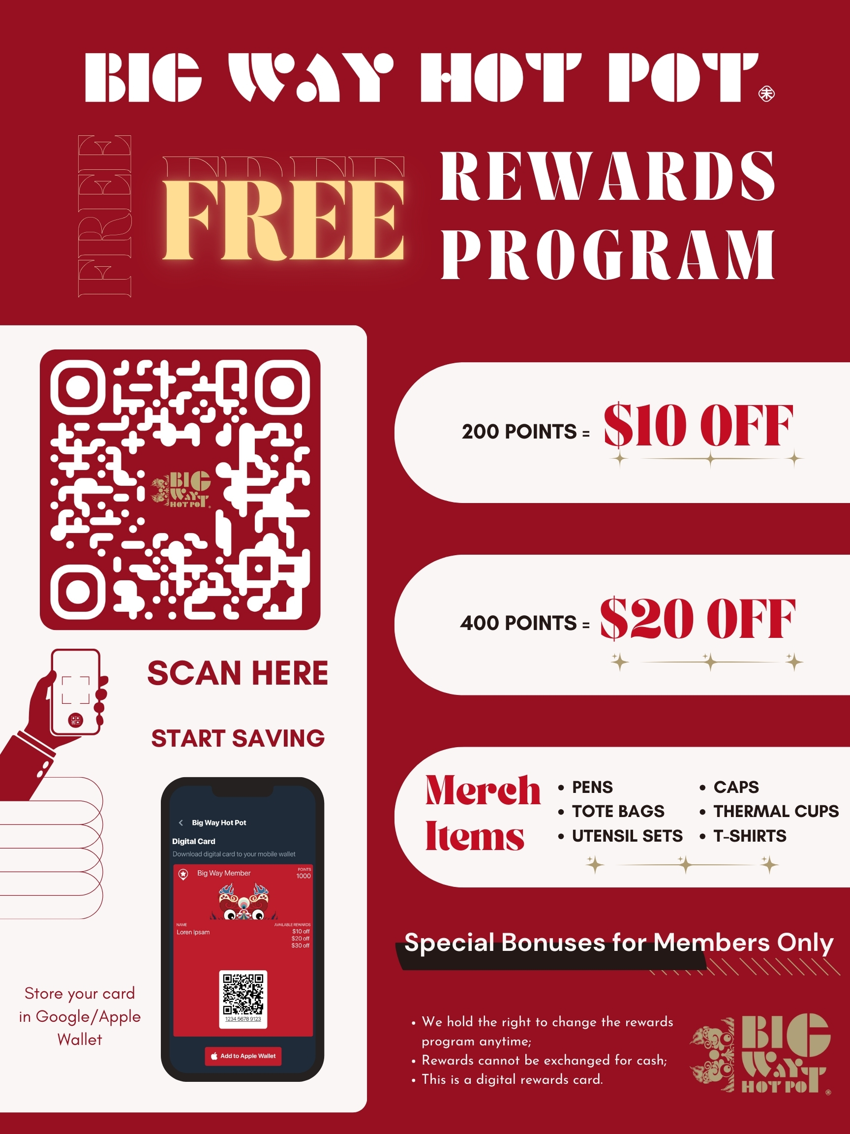 Red and white flyer for Big Way Hot Pot's free rewards program. Includes a QR code to scan, points system for discounts, and merchandise details. Modern and enticing.