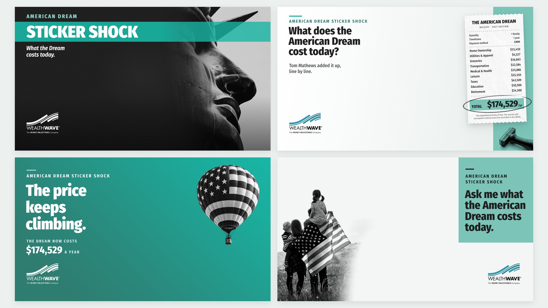 Four American Dream Sticker Shock Zoom backgrounds: Liberty, The Receipt, The Price Keeps Climbing, Ask Me