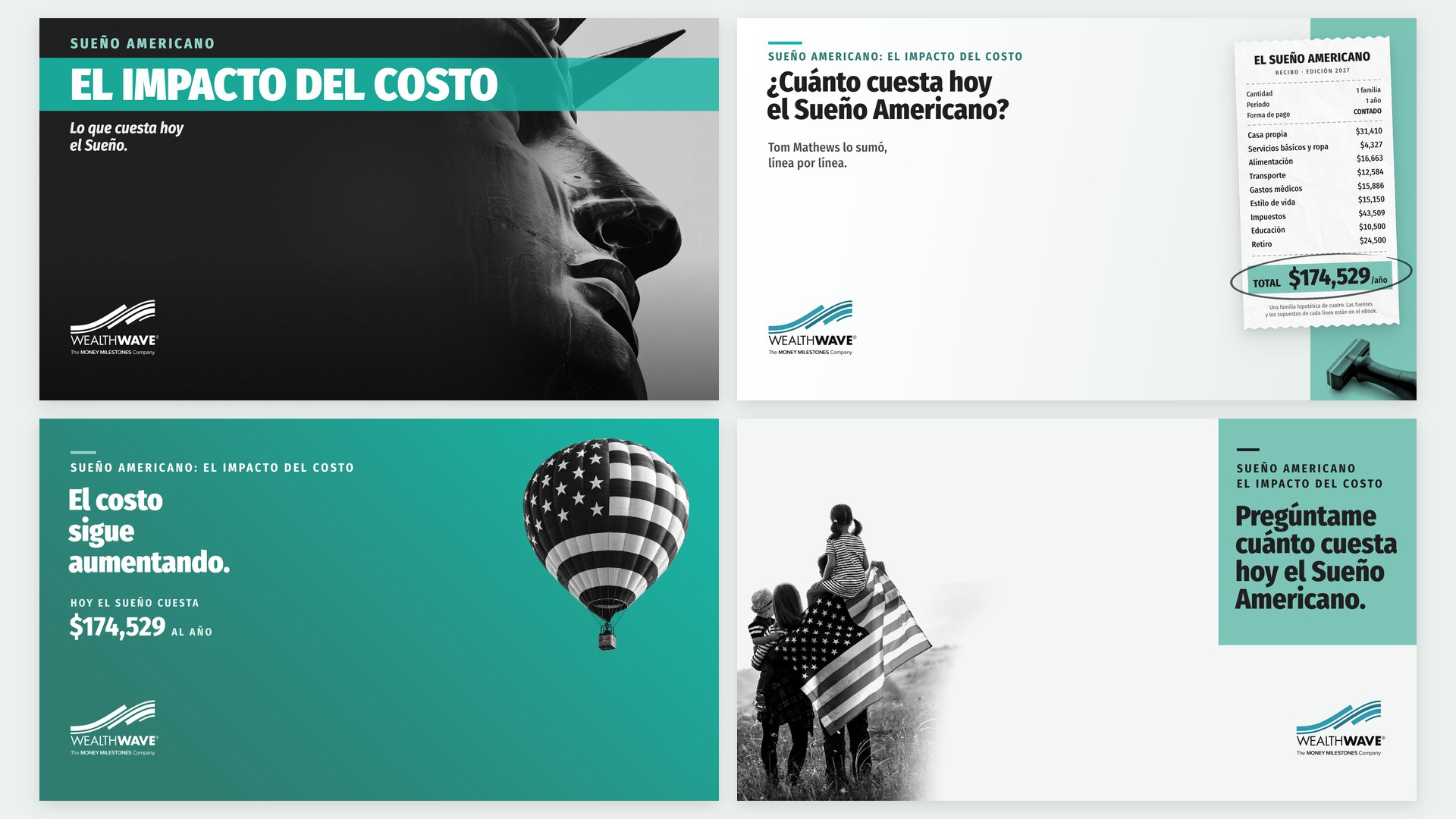Cuatro fondos españoles para Zoom de «Sueño Americano»: «El impacto del coste: Libertad», «La factura», «El coste sigue aumentando» y «Pregúntame»