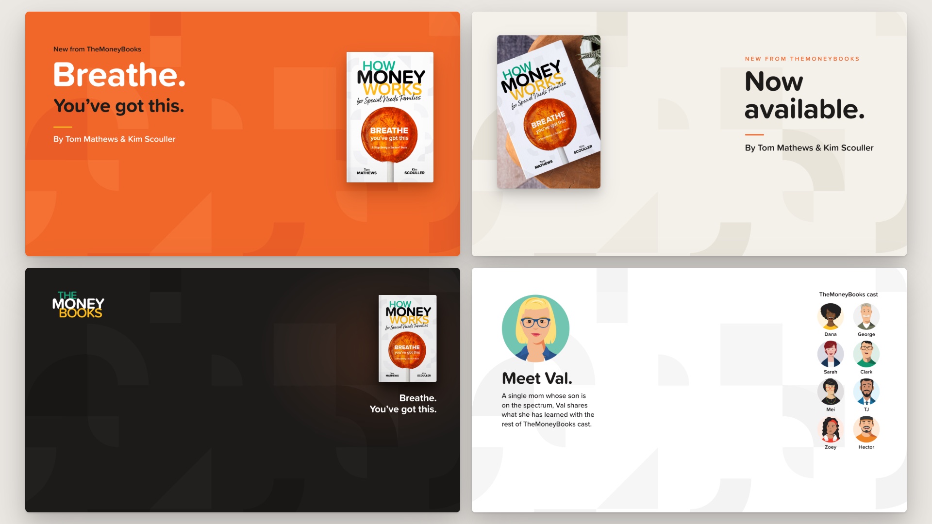 Four of the eight Zoom backgrounds: Breathe, Now available, Evening and Meet Val