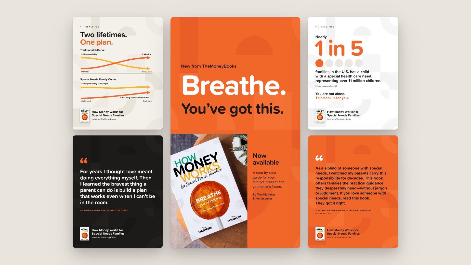 Five of the social images for How Money Works for Special Needs Families, one story and four feed posts: Breathe. You've got this. Now available; Two lifetimes. One plan.; Nearly 1 in 5 families; and quotes from Kristen Bounds and Michael Brodeur