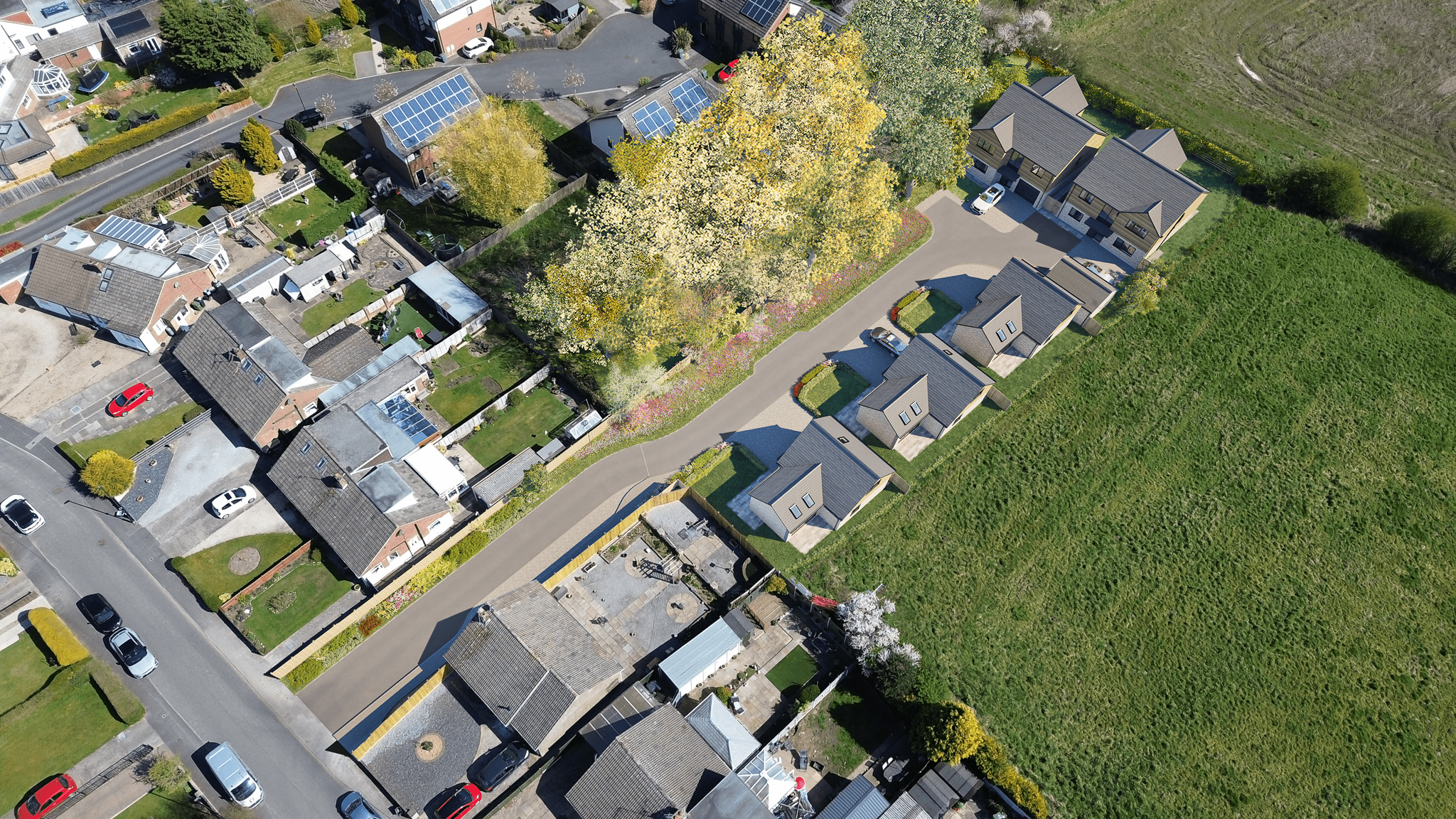 Aerial cgi showing five houses with agricultural fields to the south and housing to the north. the houses have grey slate roofing and timber cladding. the houses are in huntington near york