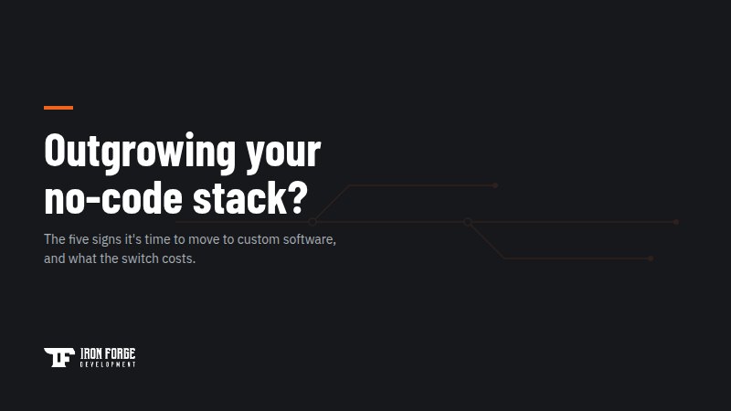 Outgrowing your no-code stack? Thumbnail for Iron Forge's guide to switching from no-code to custom software.