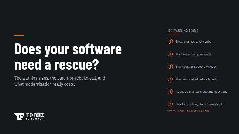 Thumbnail reading 'Does your software need a rescue?' with six circled warning-sign markers on charcoal