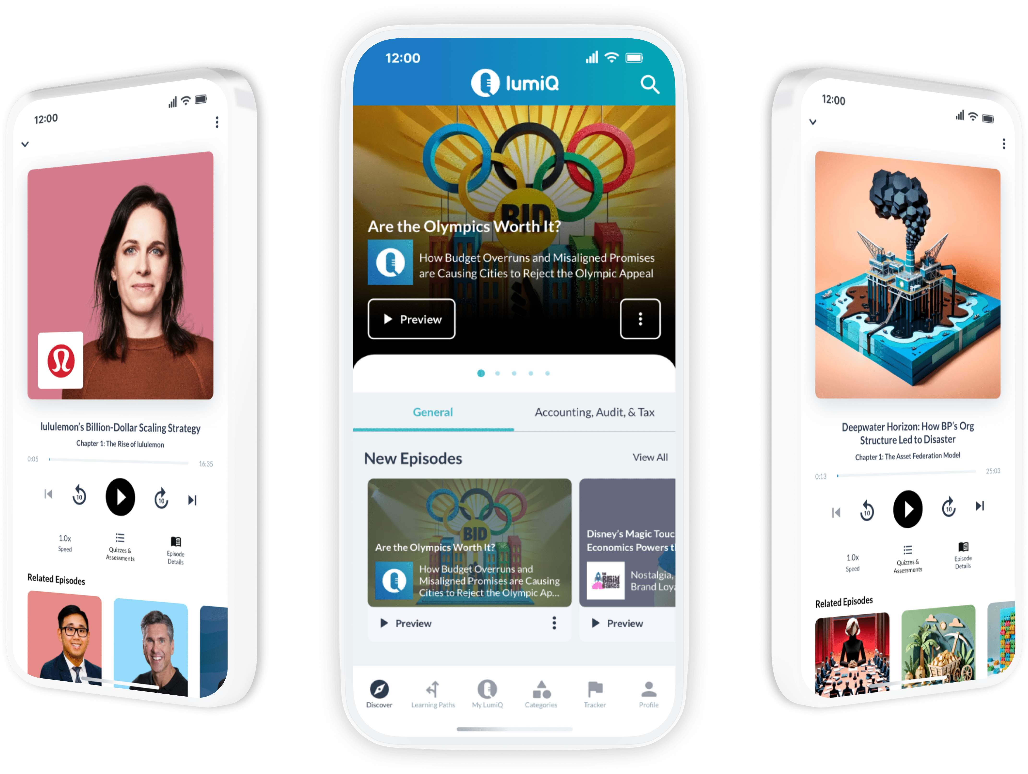 Three phones showing LumiQ episodes