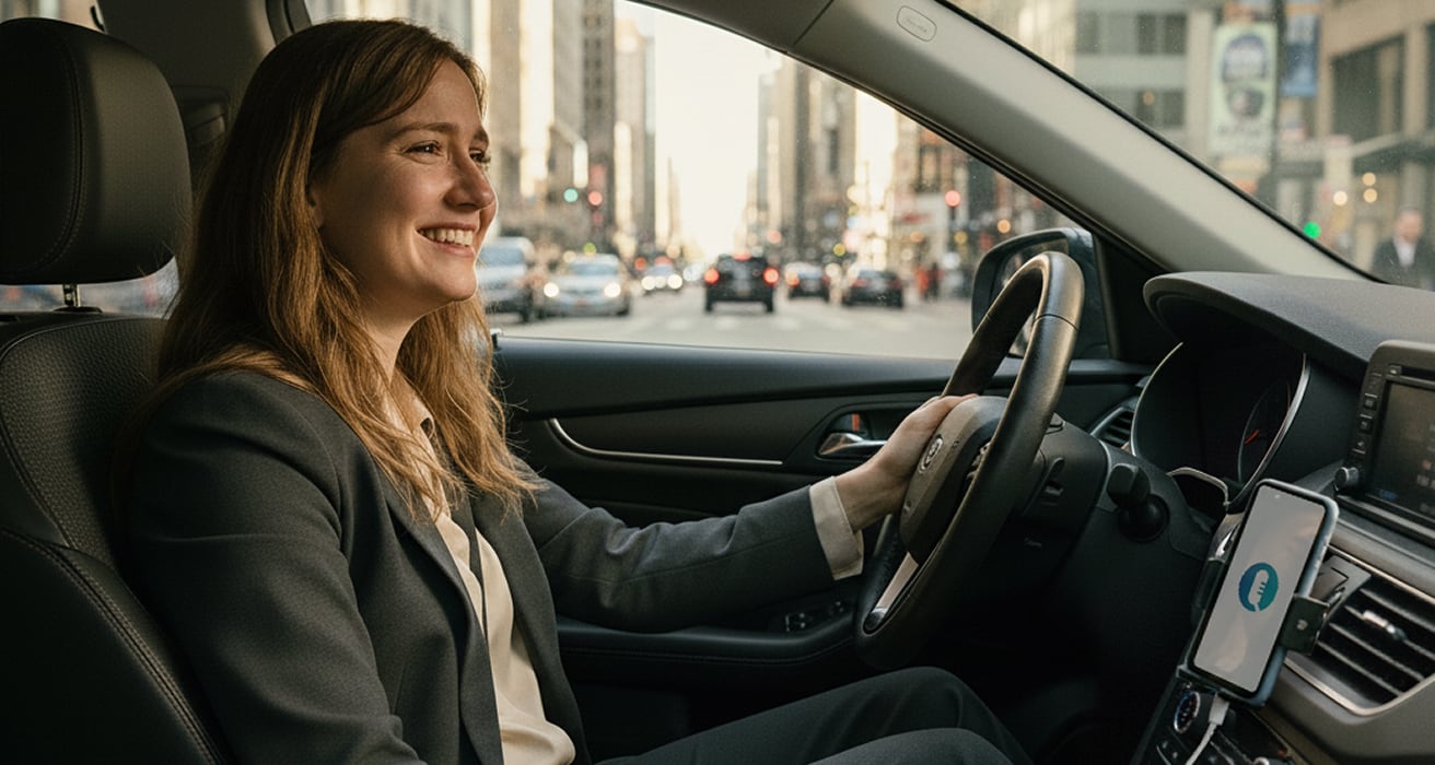 A happy driver, her phone mounted on the dashboard showing the LumiQ app.