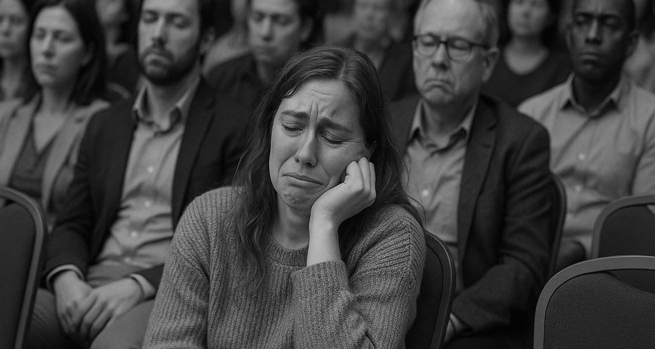 A group of bored, upset looking audience members at a large-scale presentation.
