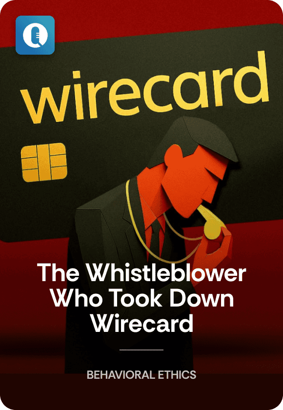 Episode cover image for "The Whistleblower Who Took Down Wirecard" featuring the Wirecard logo and a man blowing a whistle.