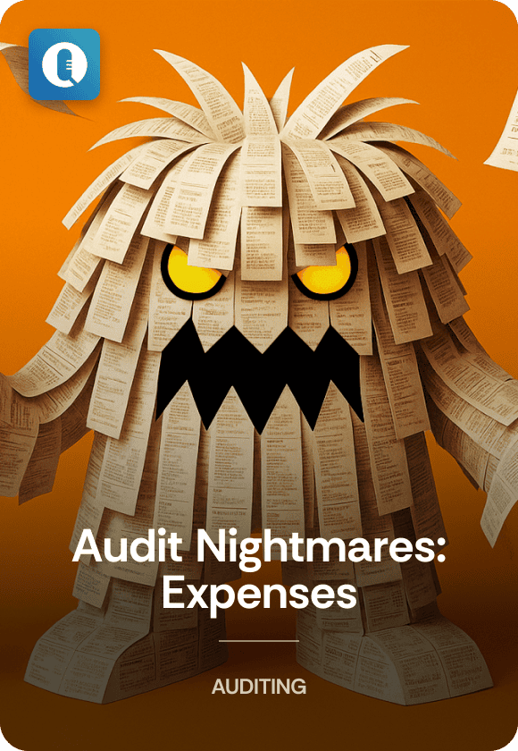 Episode cover image for "Audit Nightmares: Expenses" featuring a monster made out of paper receipts.