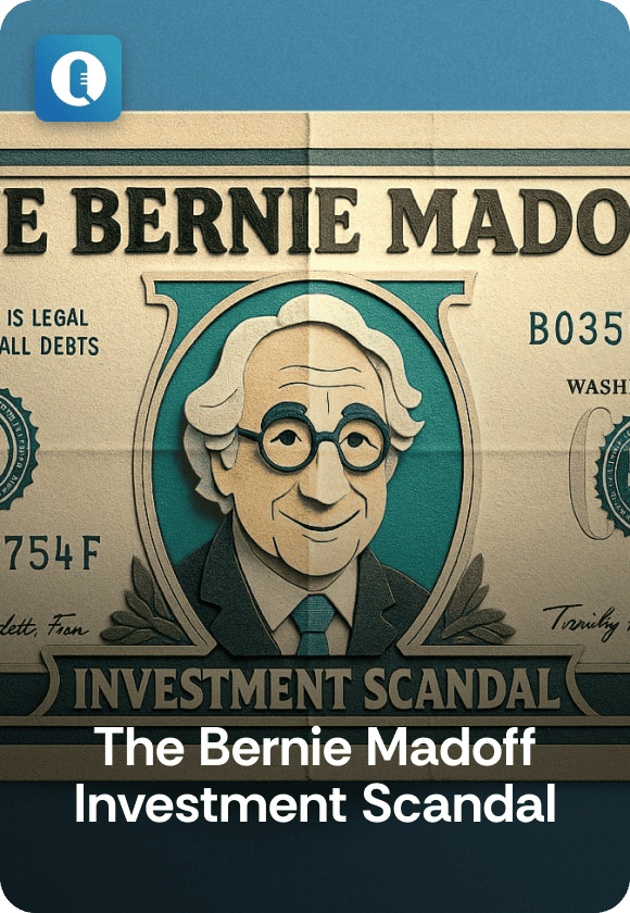 Episode cover image for "The Bernie Madoff Investment Scandal" featuring a dollar bill with Bernie Madoff's face on it.
