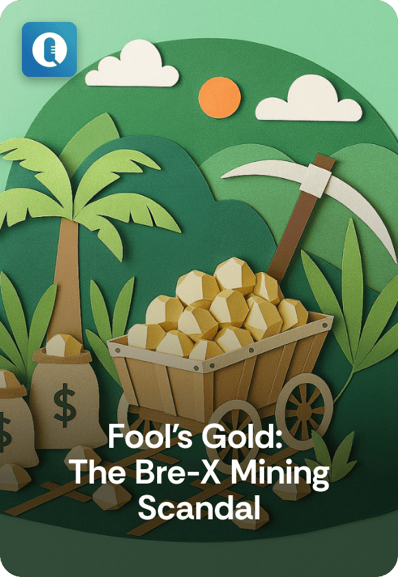Episode cover image for "Fool's Gold: The Bre-X Mining Scandal" featuring a minecart full of gold nuggets in front of a pickaxe and a palm tree.