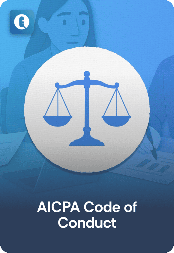 Episode cover image for "AICPA Code of Conduct" featuring balanced scales.