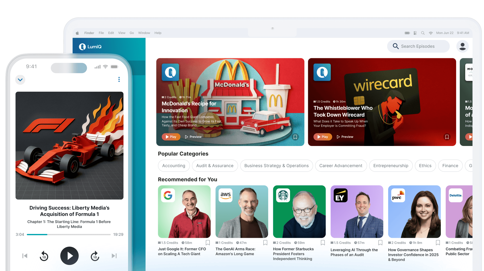 LumiQ app on mobile in front of LumiQ app on a desktop showing multiple episode cards.