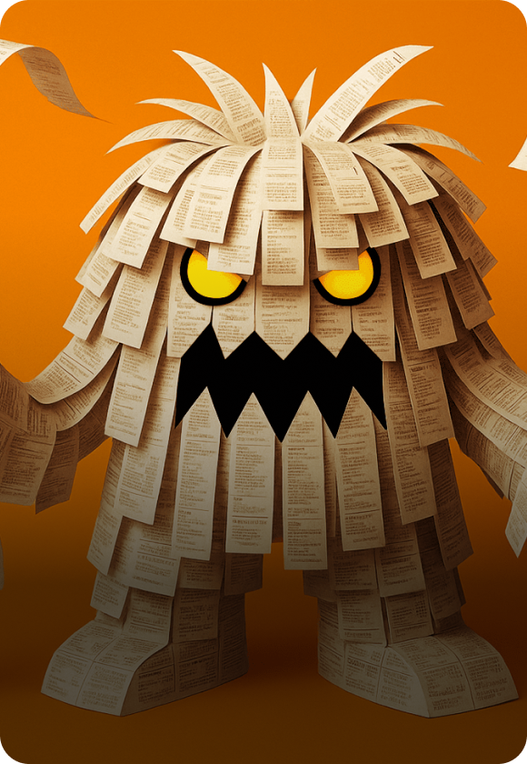 Episode cover image for "Audit Nightmares: Expenses" featuring a monster made out of paper receipts.