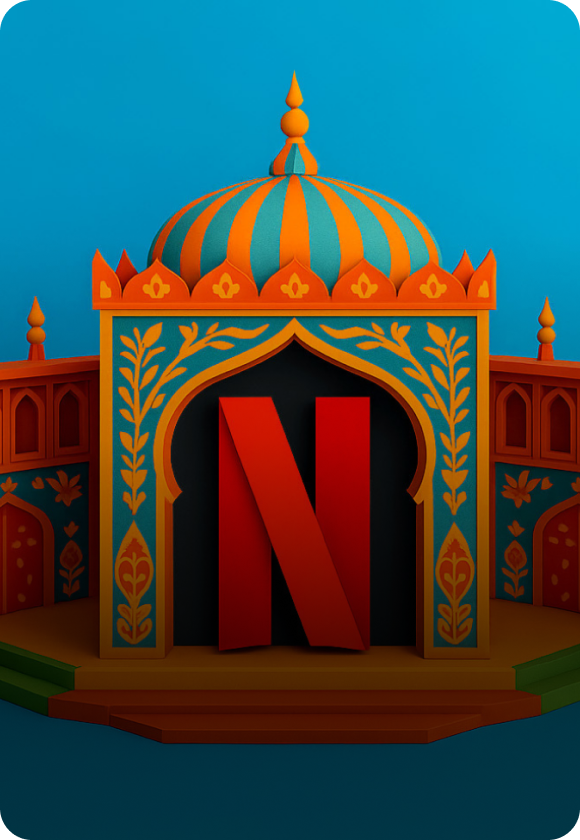 Episode cover image for "Netflix Goes to India" featuring a Netflix logo inside a temple.