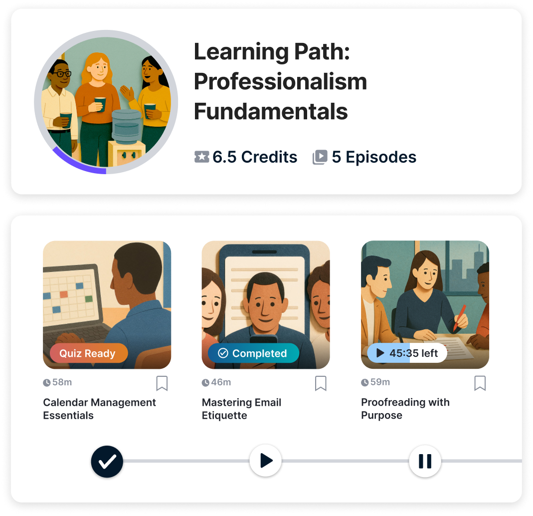 Learning Path card for "Professionalism Fundamentals" above three Learning Path episode cards.