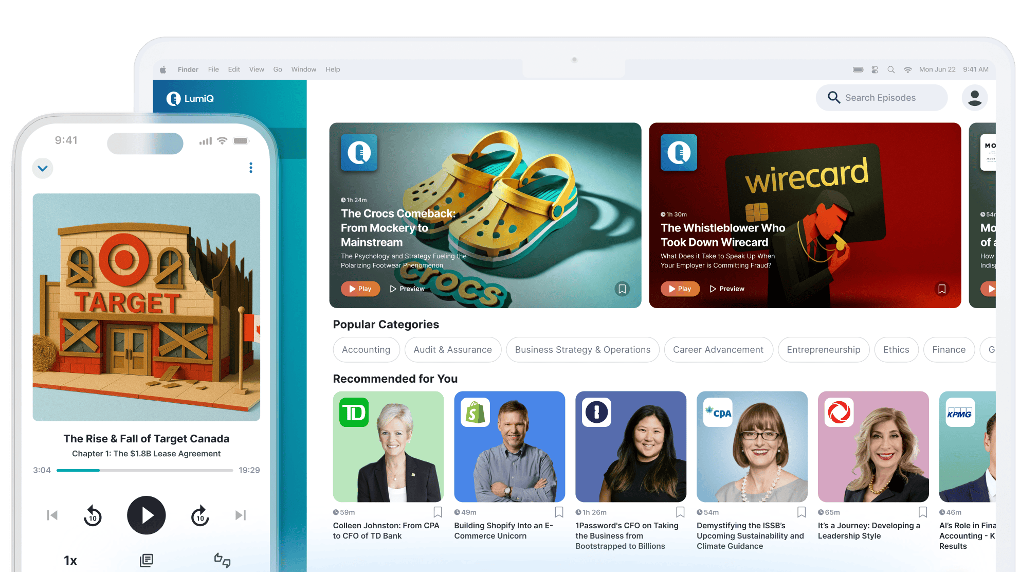 LumiQ app on mobile in front of LumiQ app on a desktop showing multiple episode cards.