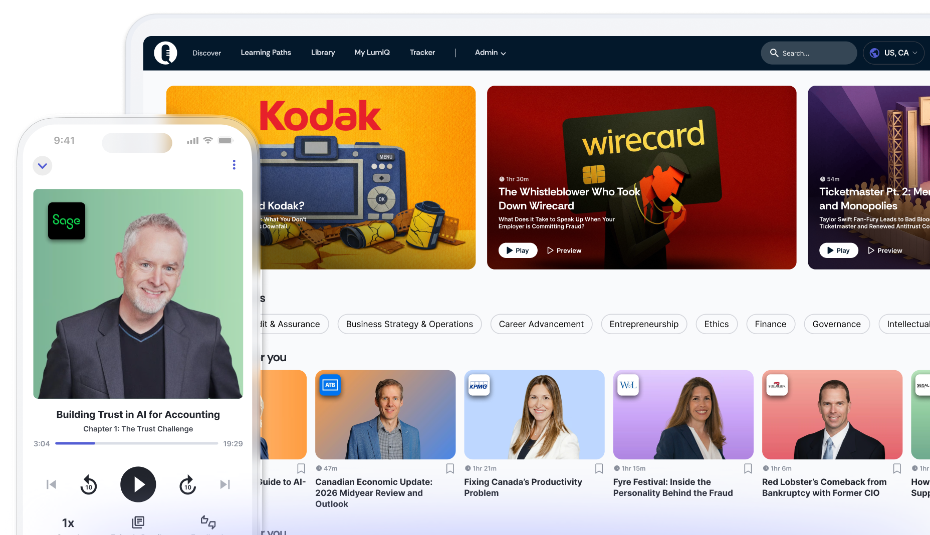 LumiQ app on mobile in front of LumiQ app on a desktop showing multiple episode cards.