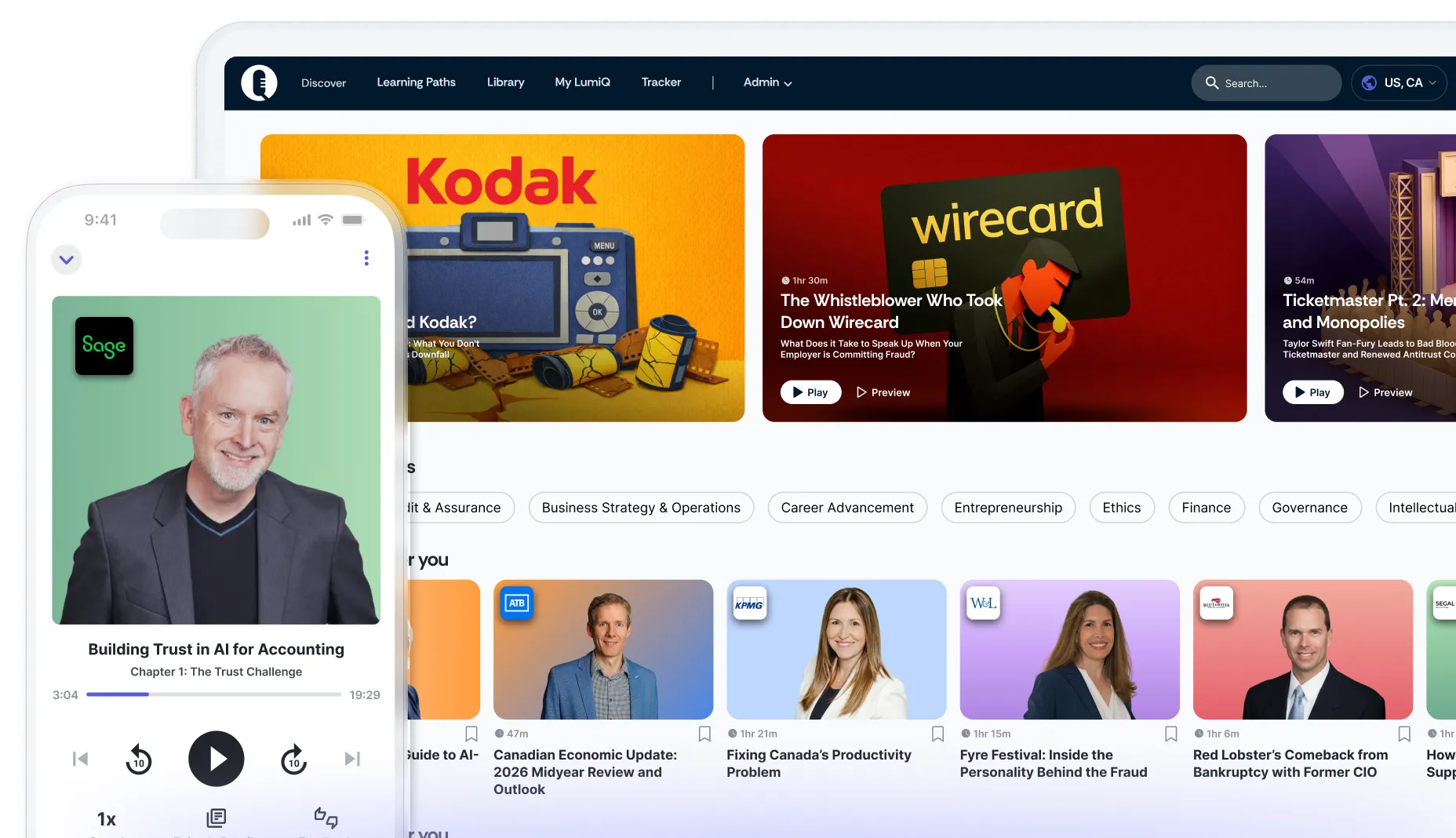 LumiQ app on mobile in front of LumiQ app on a desktop showing multiple episode cards.