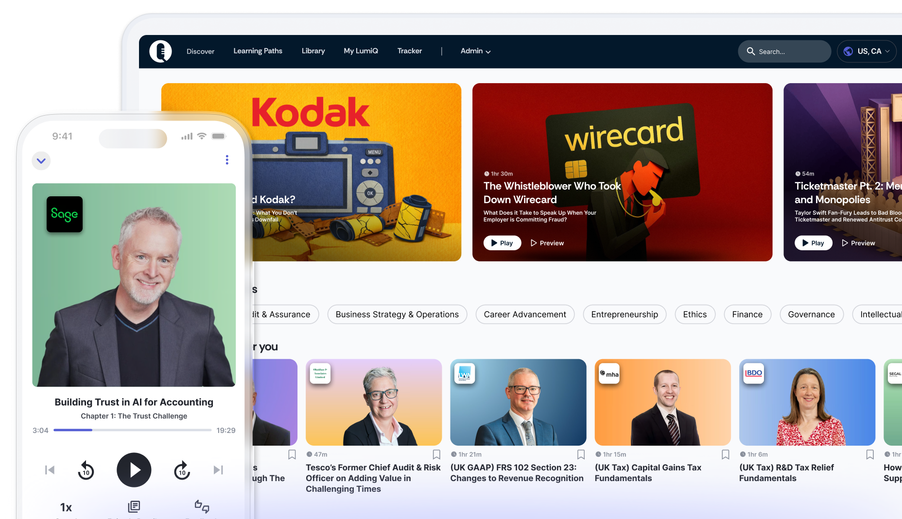 LumiQ app on mobile in front of LumiQ app on a desktop showing multiple episode cards.