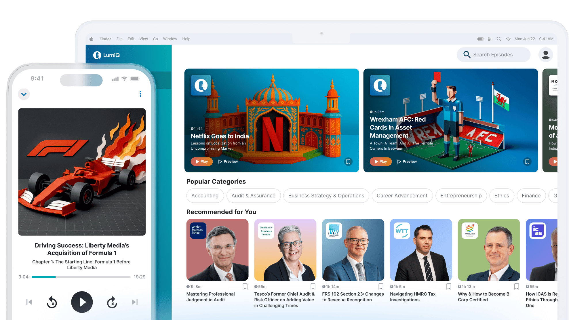 LumiQ app on mobile in front of LumiQ app on a desktop showing multiple episode cards.