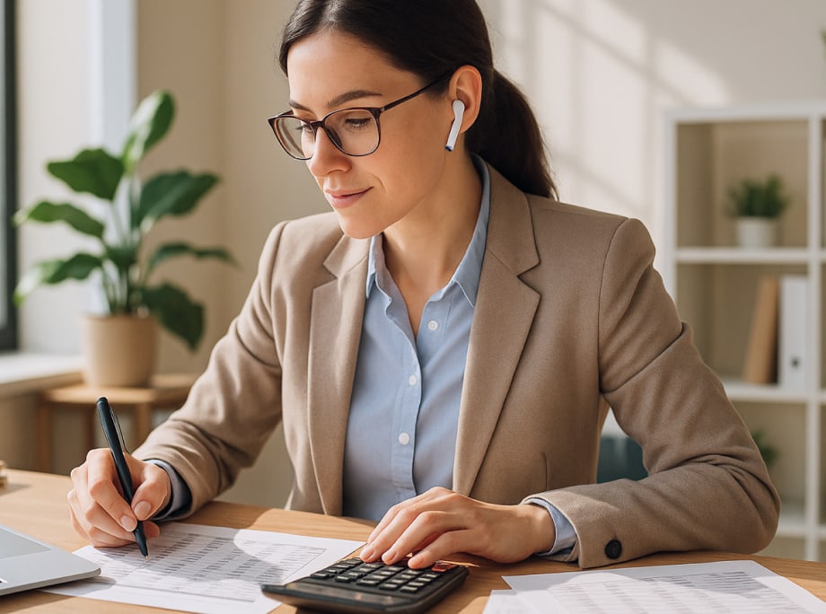 An accountant working while listening to a podcast