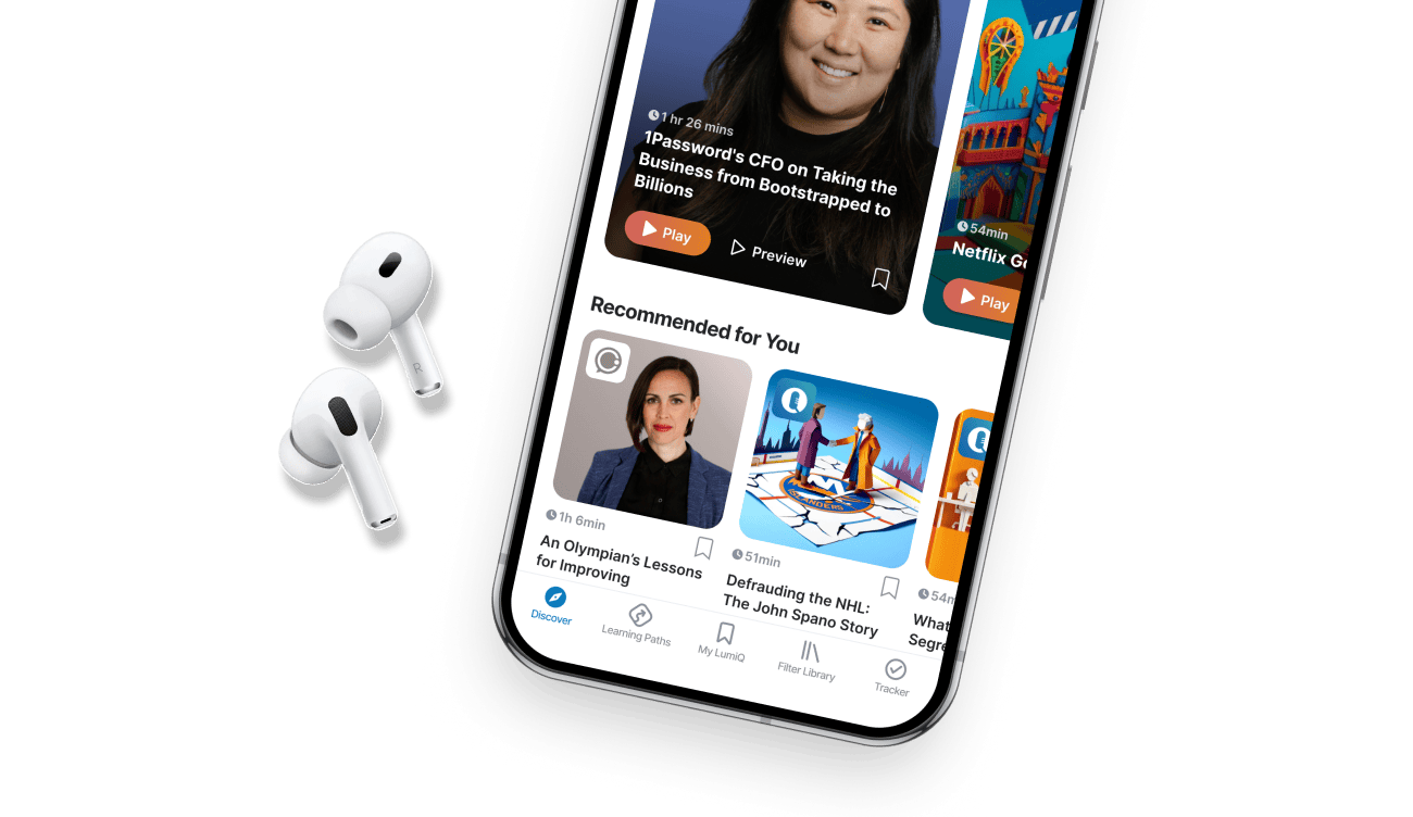 LumiQ mobile app on a phone with wireless earbuds nearby