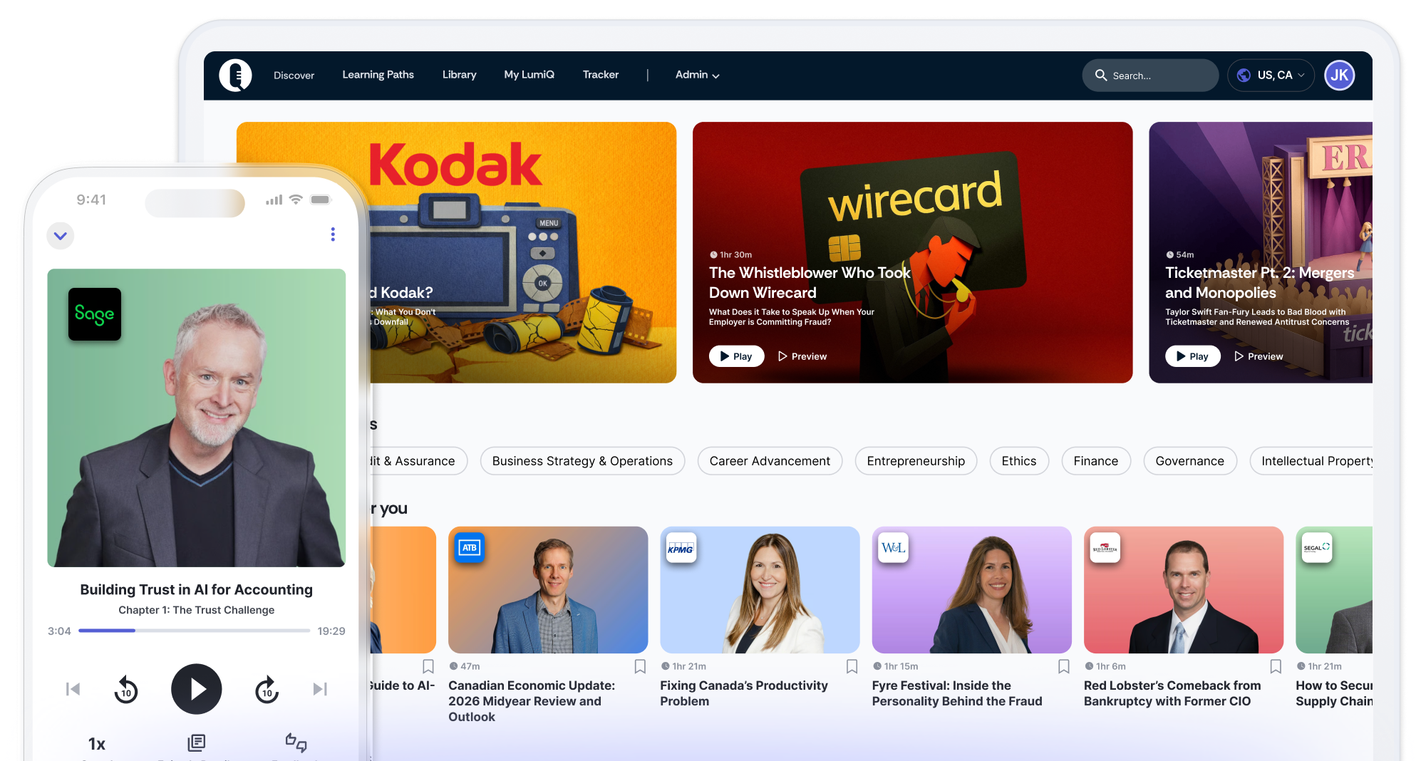 LumiQ app on mobile in front of LumiQ app on a desktop showing multiple episode cards.