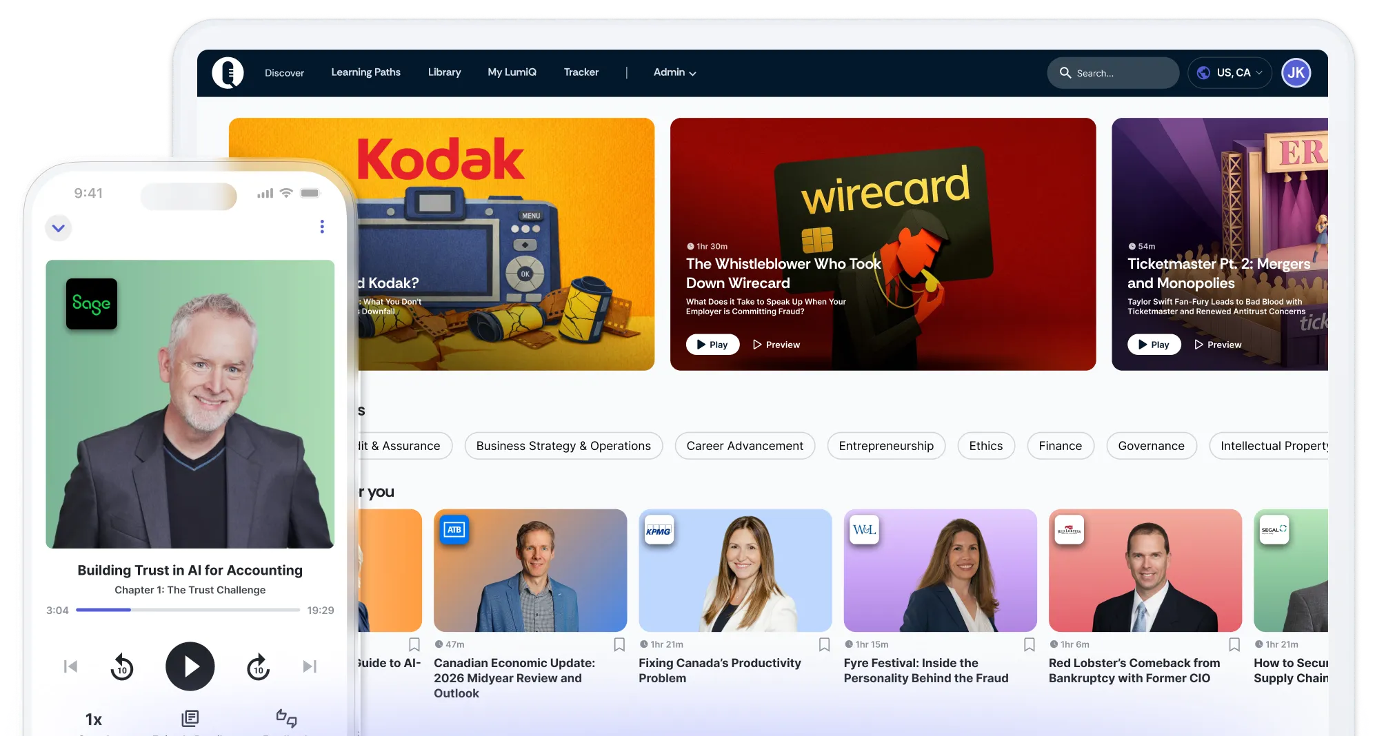 LumiQ app on mobile in front of LumiQ app on a desktop showing multiple episode cards.