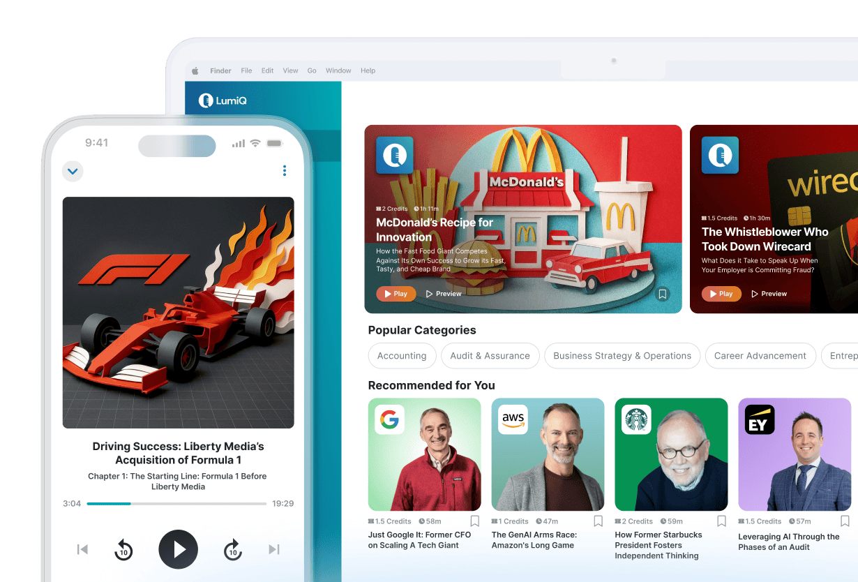 LumiQ app on mobile in front of LumiQ app on a desktop showing multiple episode cards.