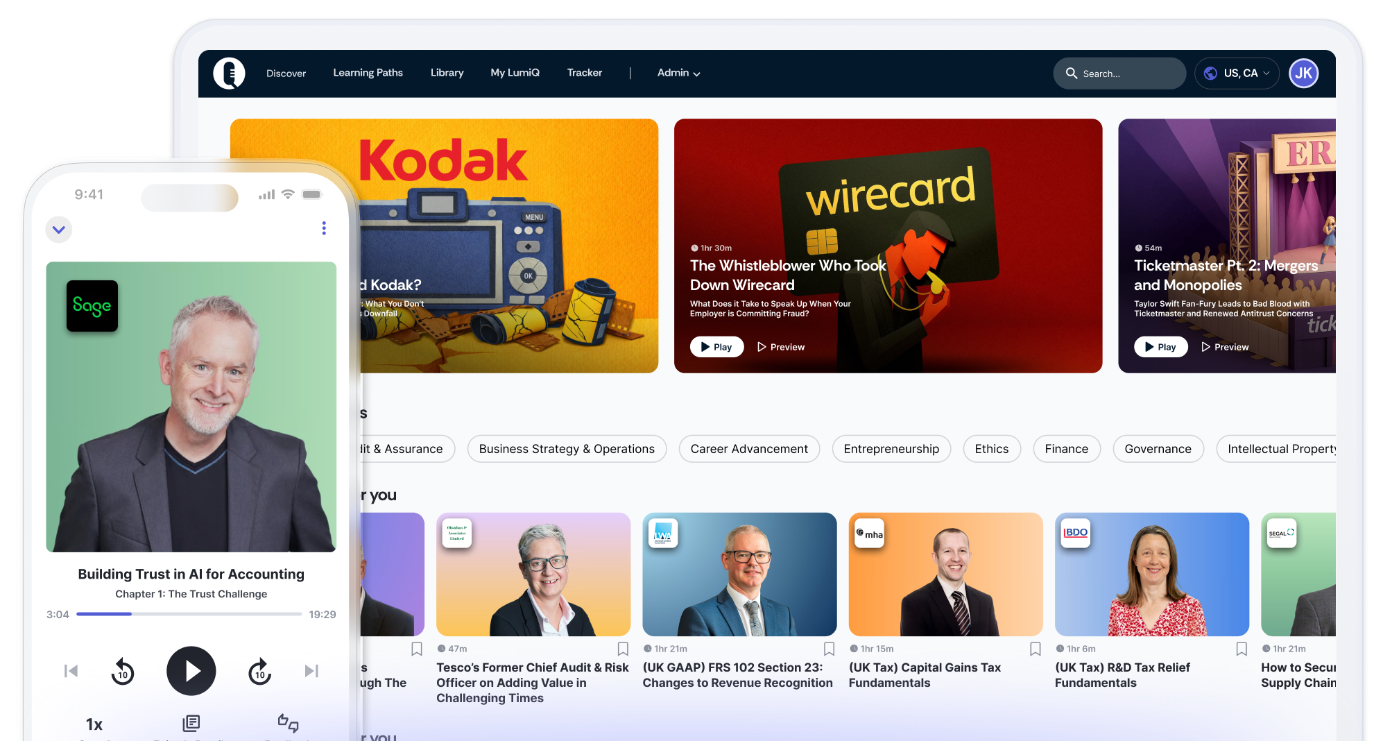 LumiQ app on mobile in front of LumiQ app on a desktop showing multiple episode cards.