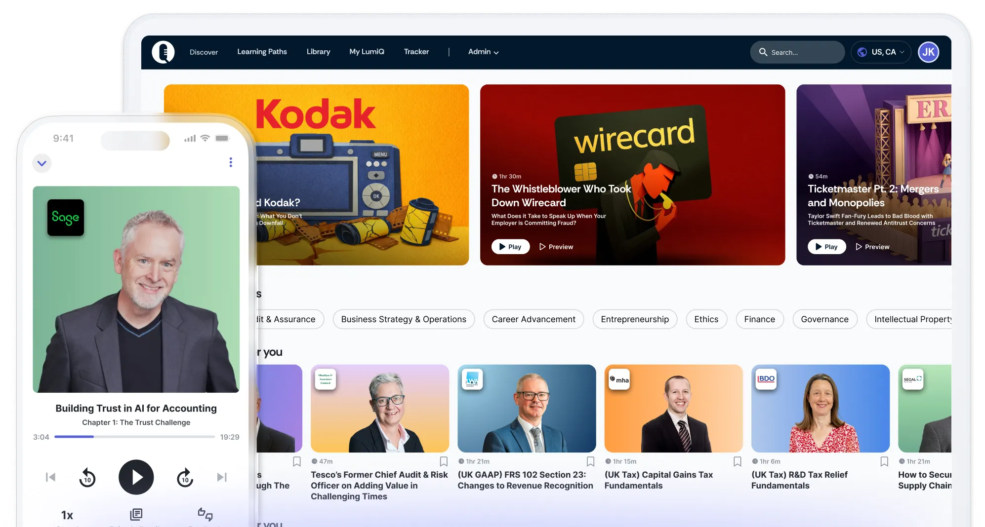 LumiQ app on mobile in front of LumiQ app on a desktop showing multiple episode cards.