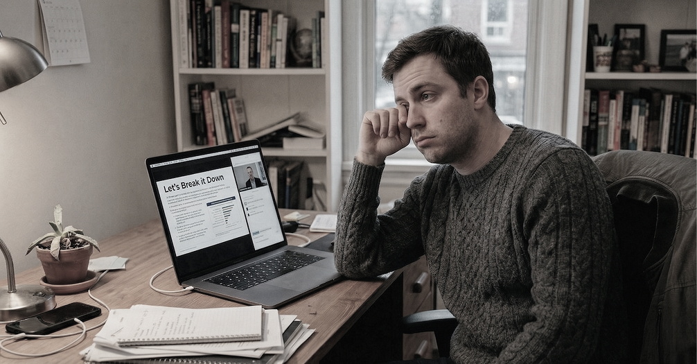 A bored man with his laptop open.