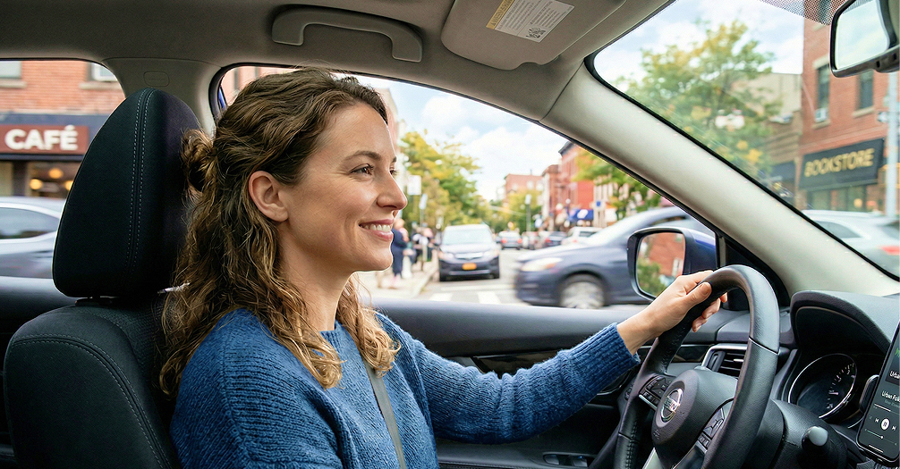 A woman driving, excited and listening to a podcast.