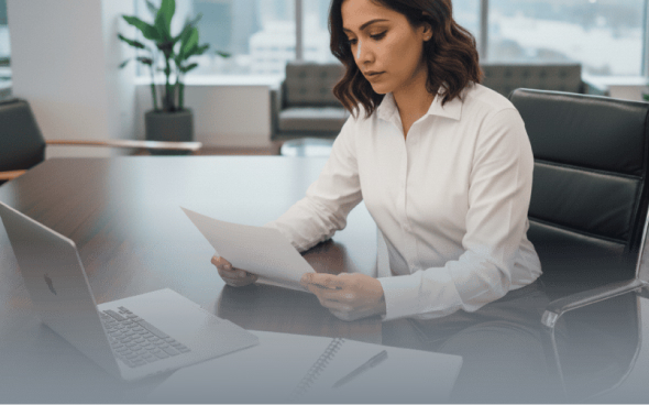 Woman at a desk reading business documents