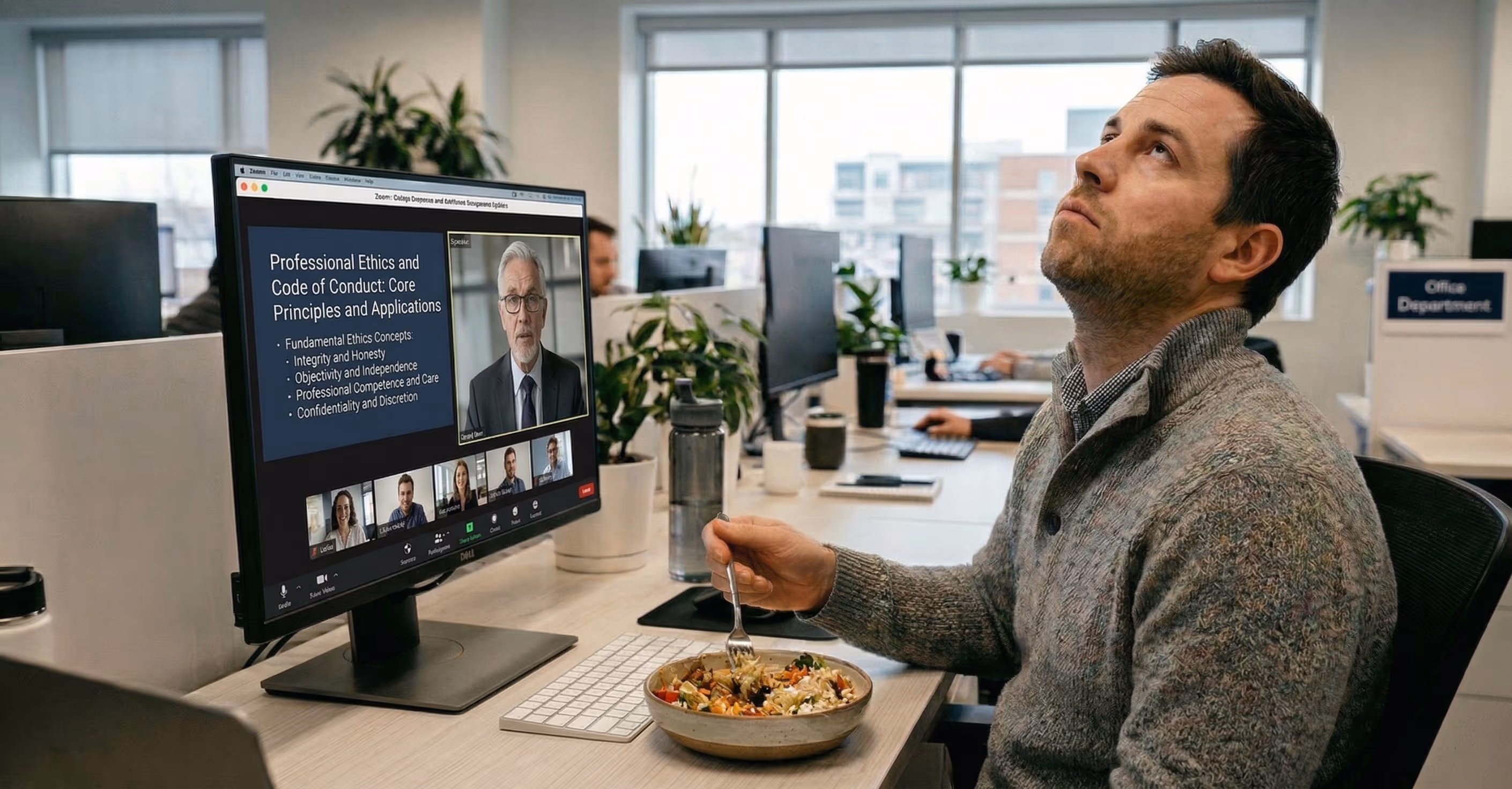 A frustrated man watching an online course while eating breakfast