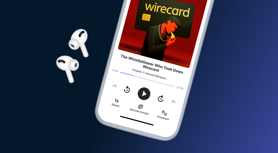 Mobile phone featuring LumiQ app showing "The Whistleblower Who Took Down Wirecard" episode.