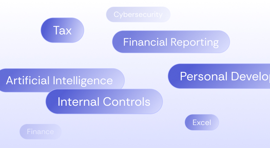 Floating category labels for "Tax", "Financial Reporting", "Artificial Intelligence", "Personal Development", and "Internal Controls"
