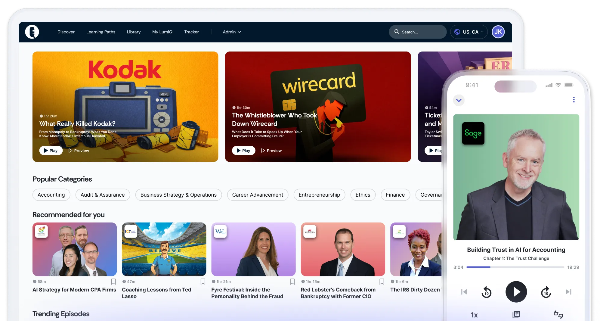 LumiQ app on mobile in front of LumiQ app on a desktop showing multiple episode cards.