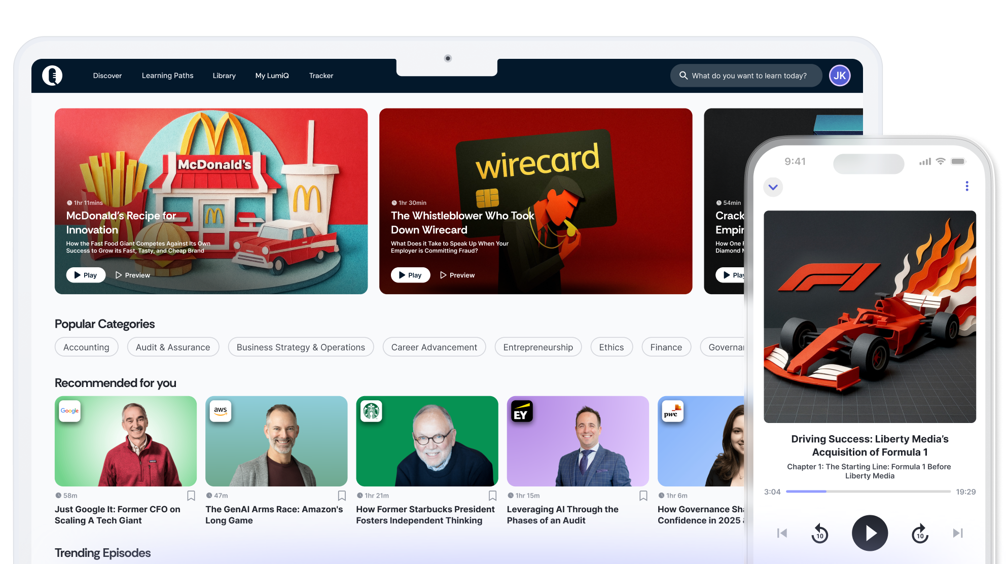 LumiQ app on mobile in front of LumiQ app on a desktop showing multiple episode cards.