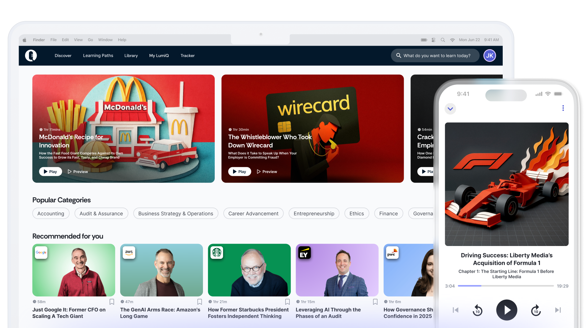 LumiQ app on mobile in front of LumiQ app on a desktop showing multiple episode cards.