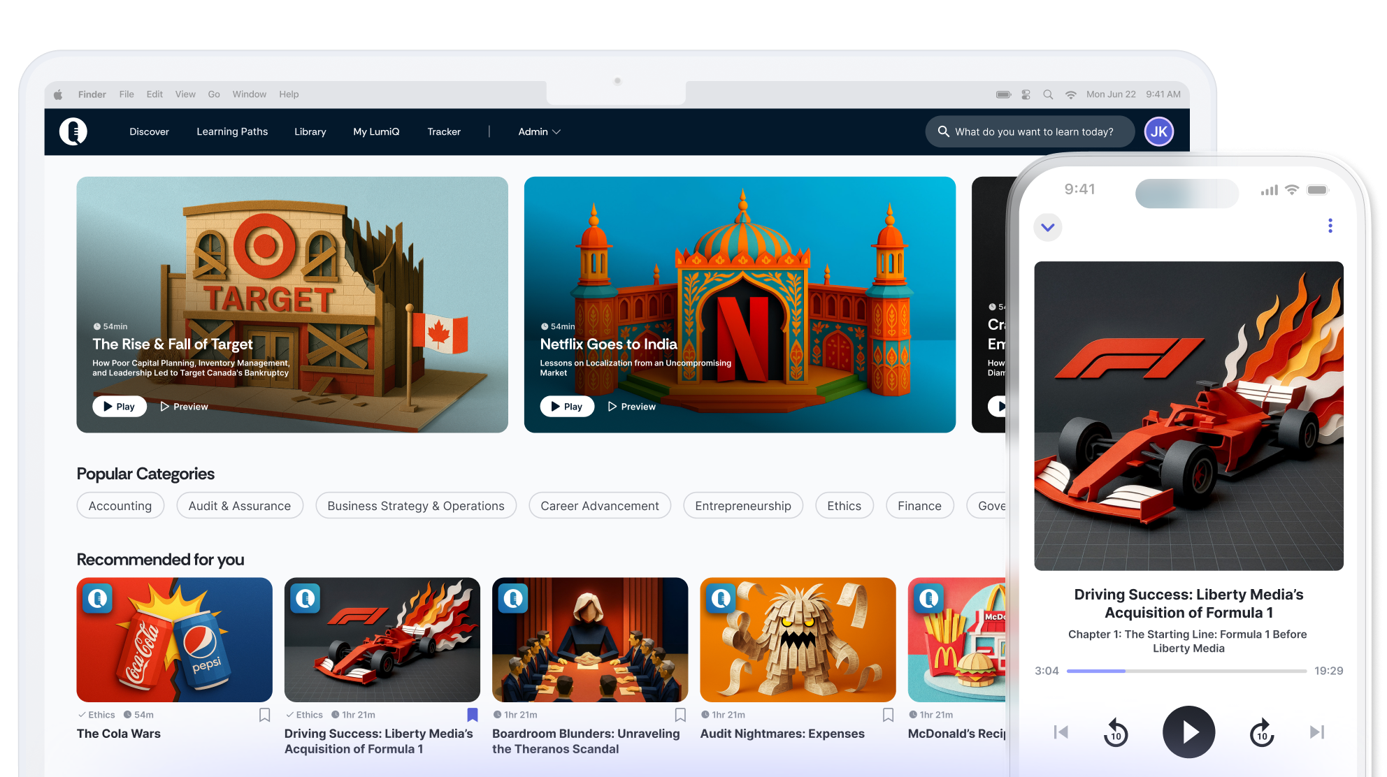 LumiQ app on mobile in front of LumiQ app on a desktop showing multiple episode cards.