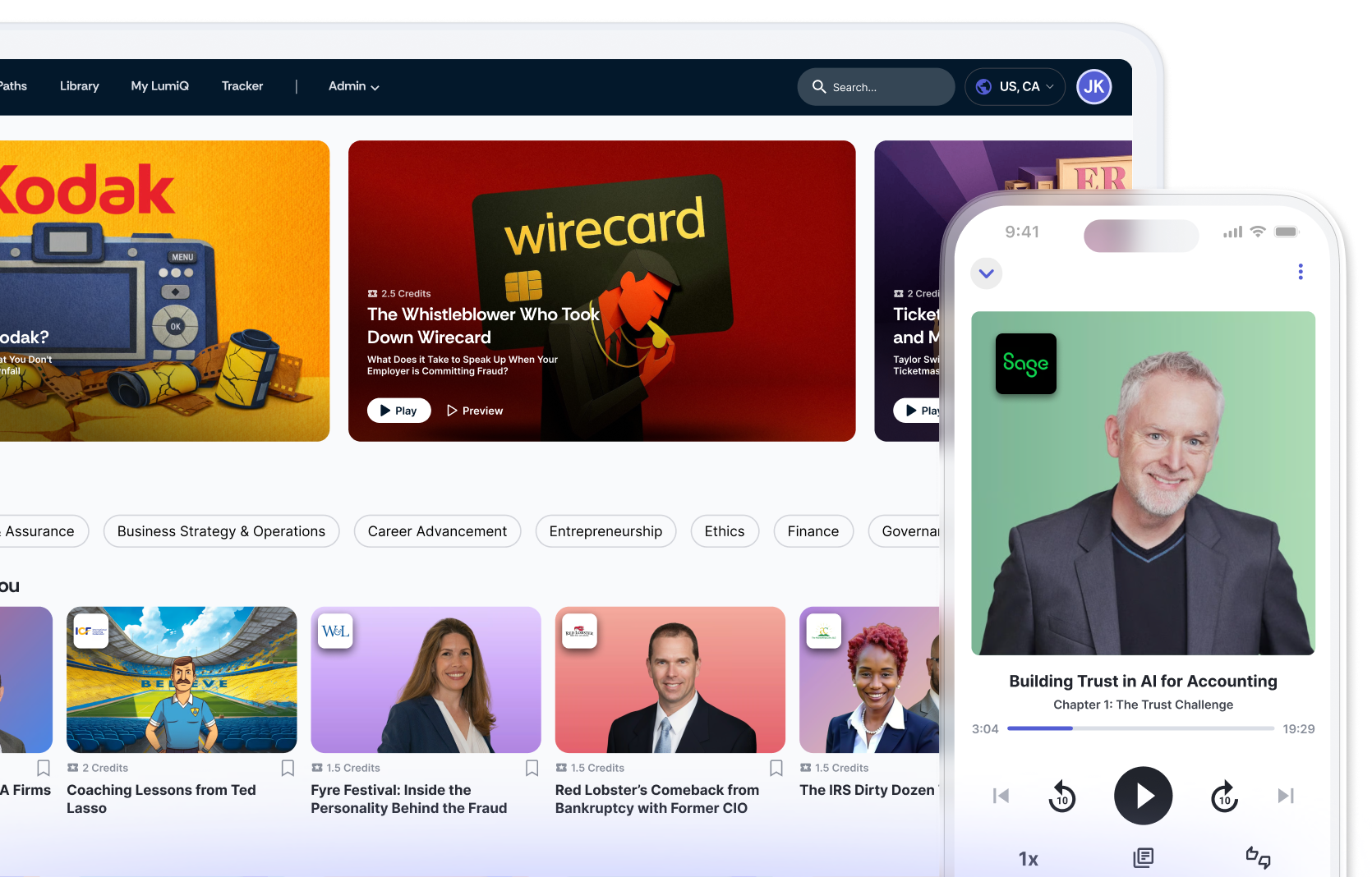 LumiQ app on mobile in front of LumiQ app on a desktop showing multiple episode cards.